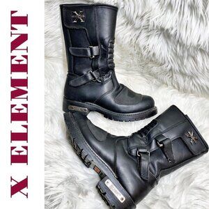 X ELEMENT Men's Black Leather Steel Toe Oil Resistant Moto Work Boots, Size 9